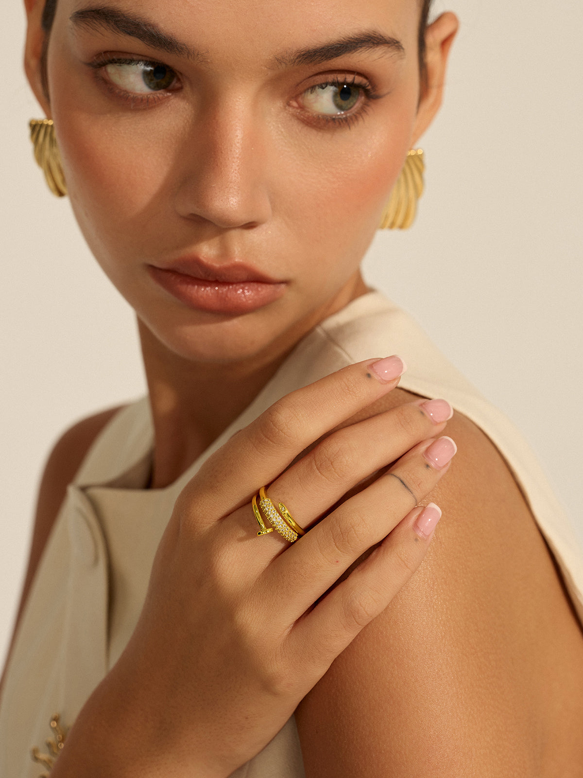 Gold Toned Stack Ring with Diamond-Like Details