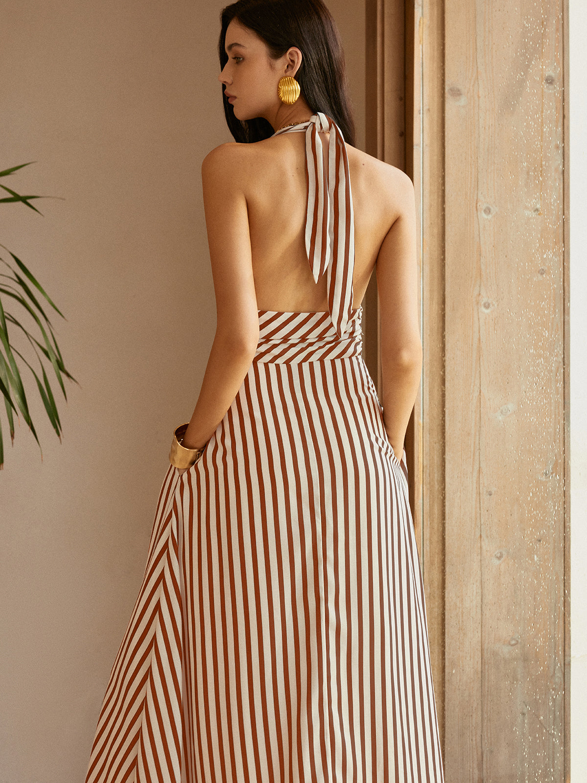 Stripe Backless Pockets Dress