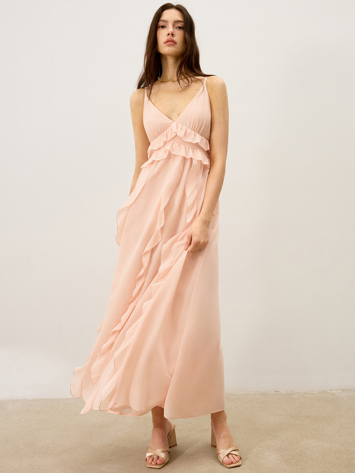 Chiffon Ruffle Trim Maxi Dress