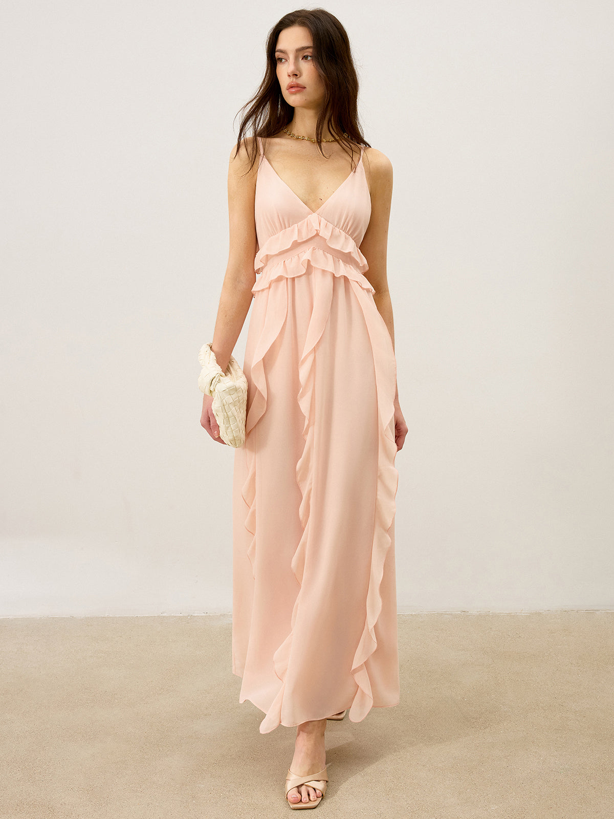 Chiffon Ruffle Trim Maxi Dress