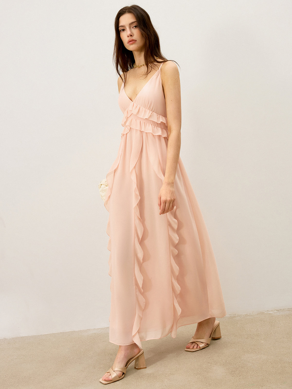 Chiffon Ruffle Trim Maxi Dress