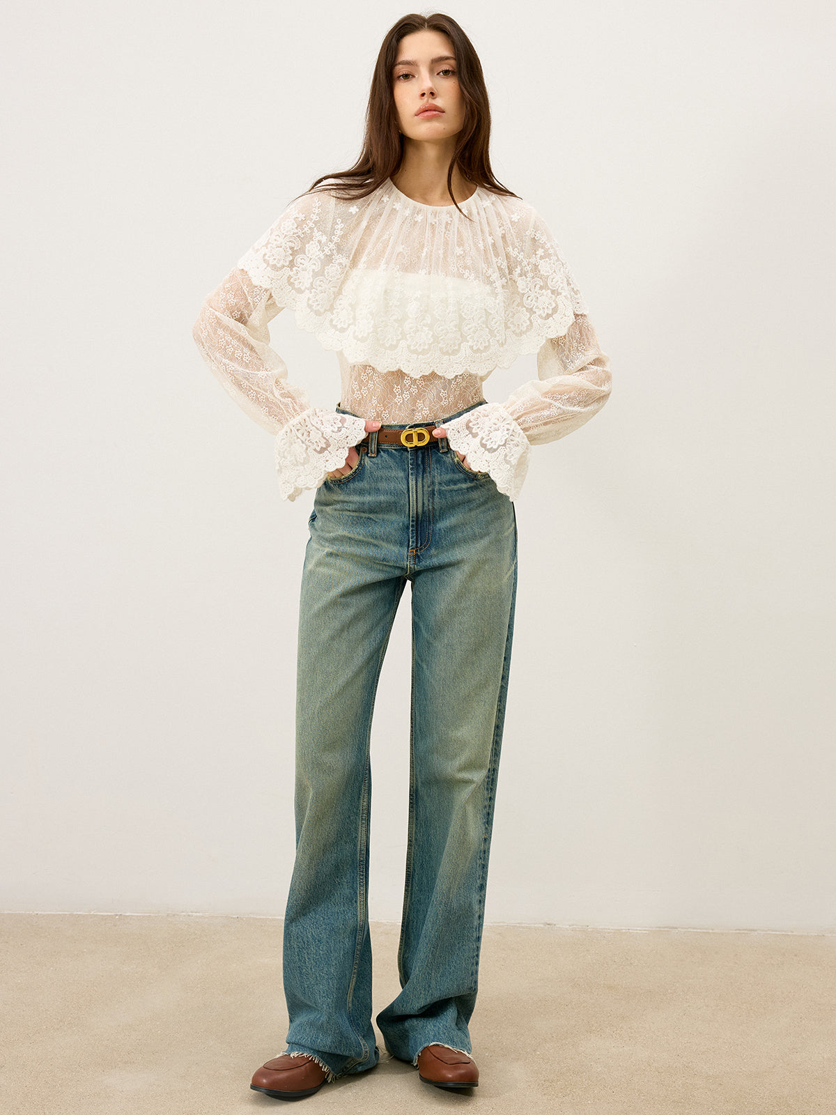 Semi-Sheer Ruffle-Trimmed Lace Flared-Sleeve Blouse