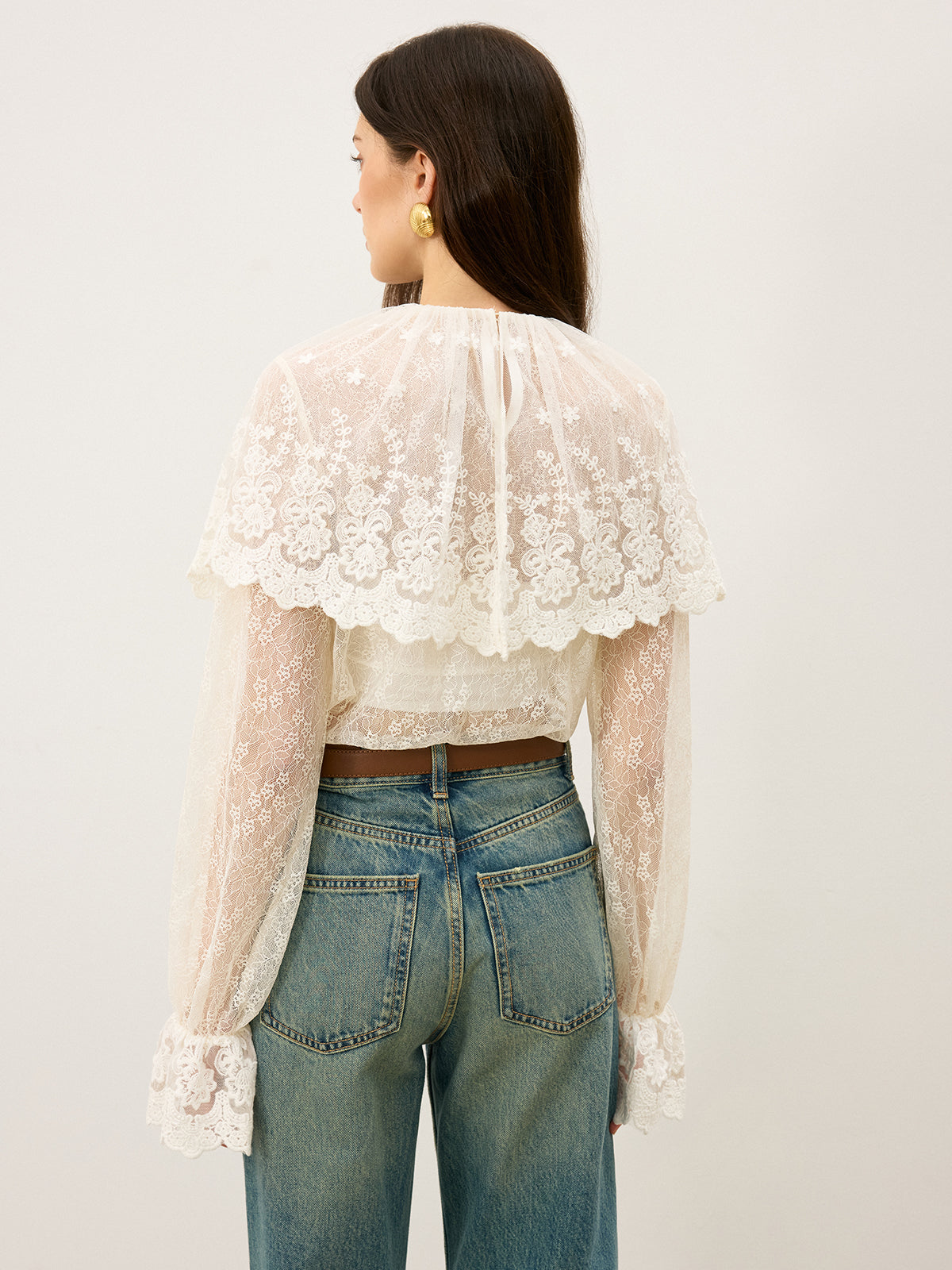 Semi-Sheer Ruffle-Trimmed Lace Flared-Sleeve Blouse