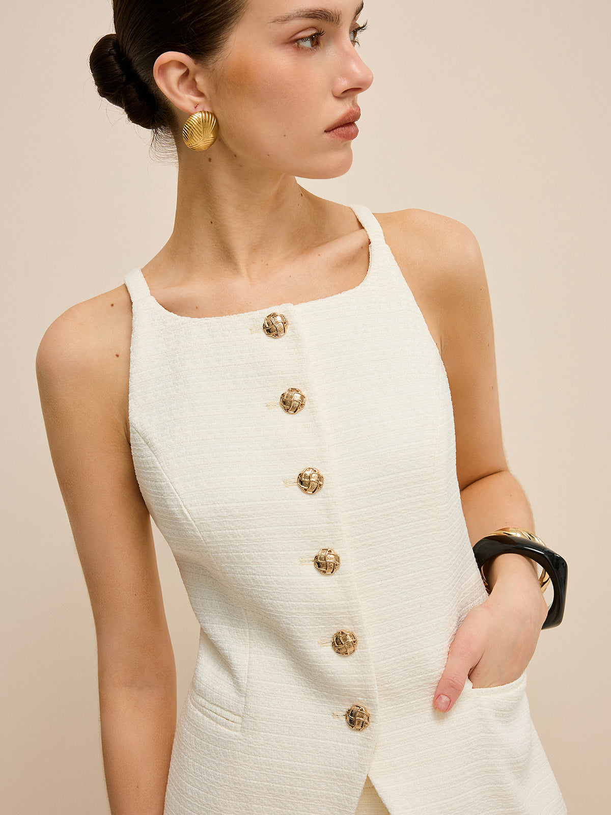 Pocketed Tweed Metal Button Shorts Set