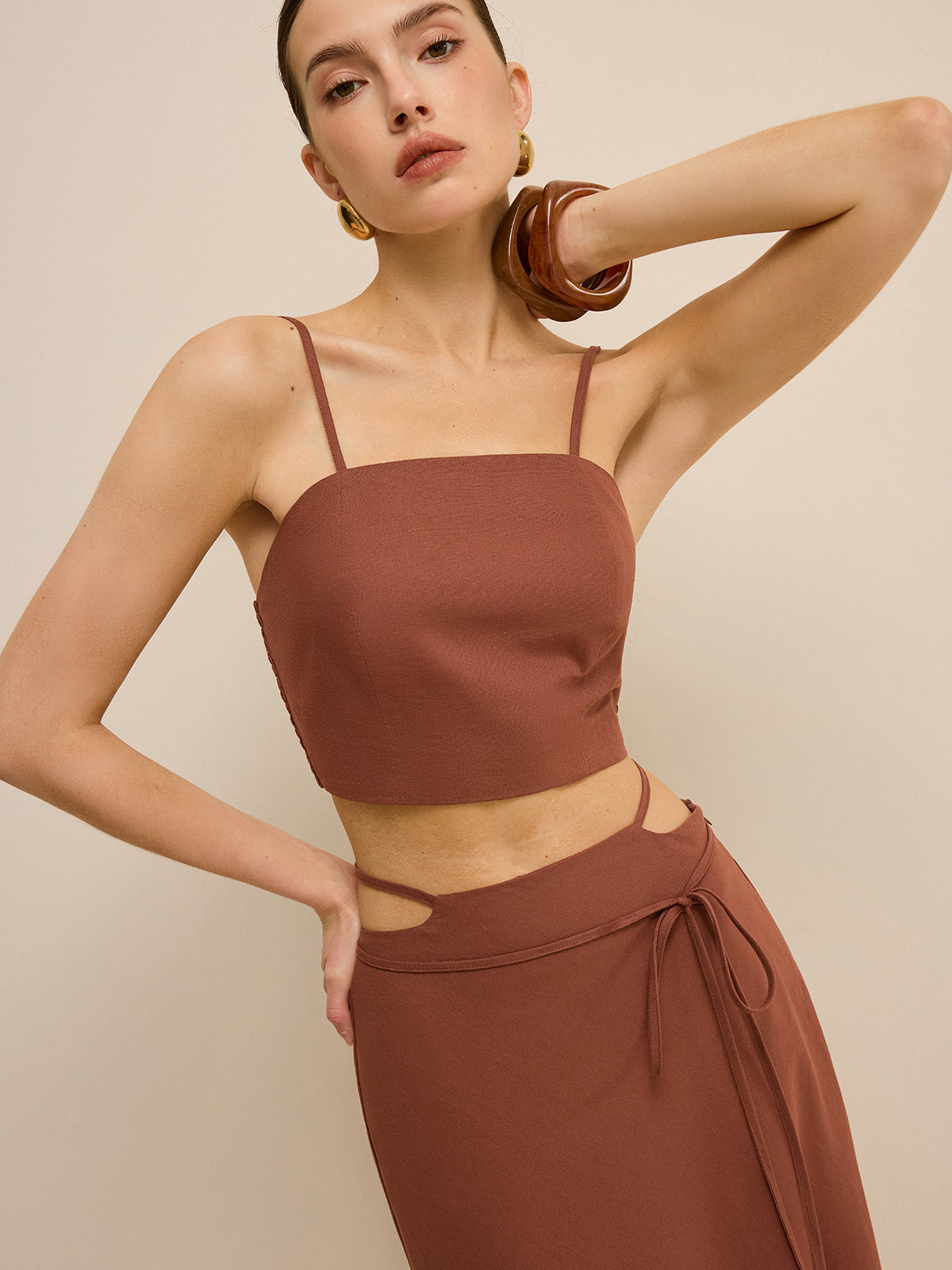 Cut-Out Waist Tie-Detail Skirt Set