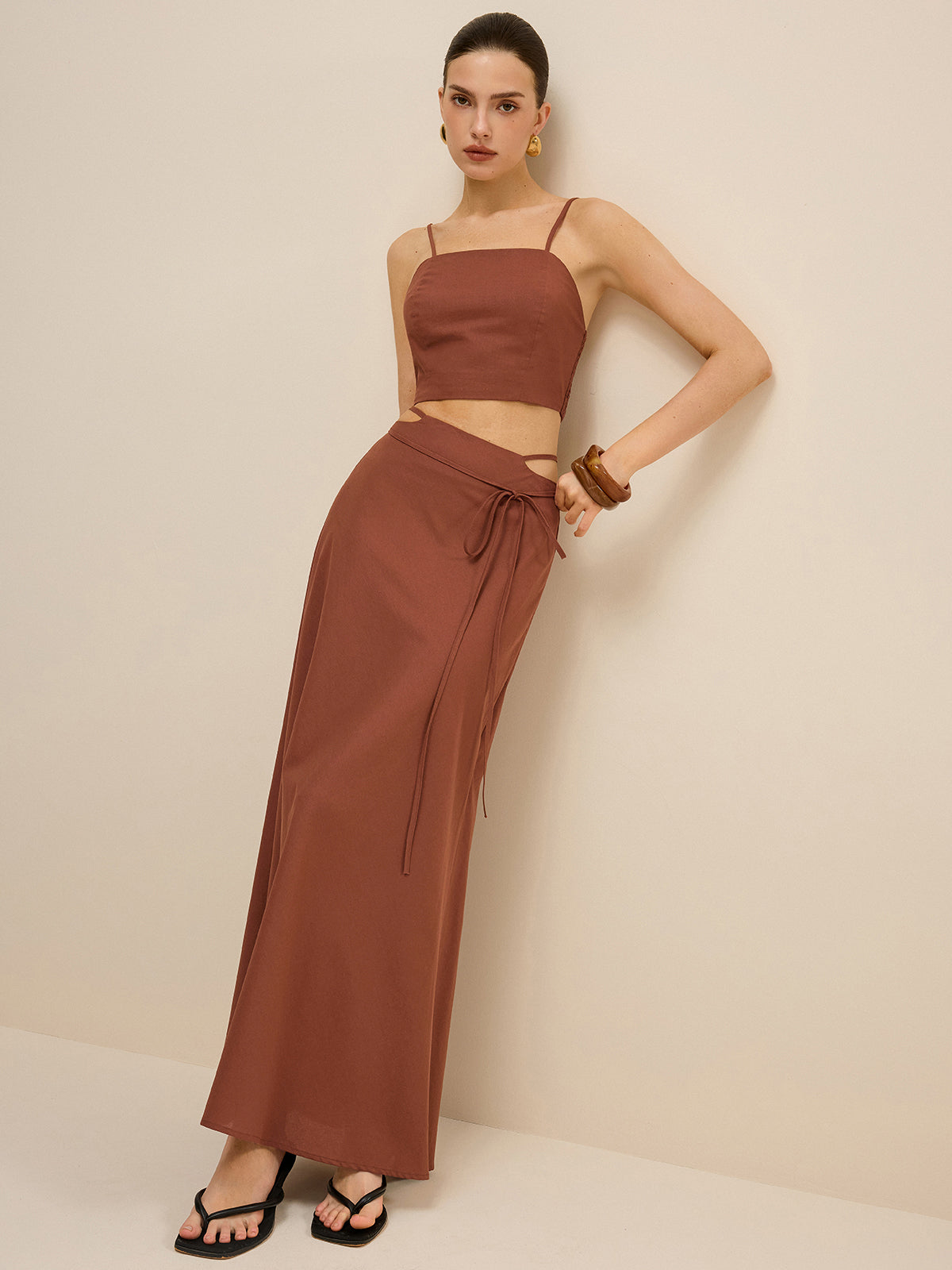 Cut-Out Waist Tie-Detail Skirt Set