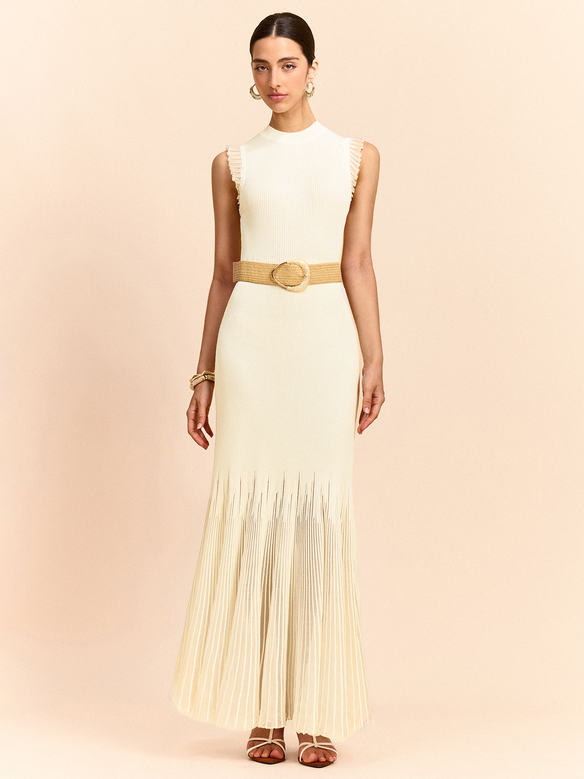Tulle-Paneled Ruffled Knit Maxi Dress