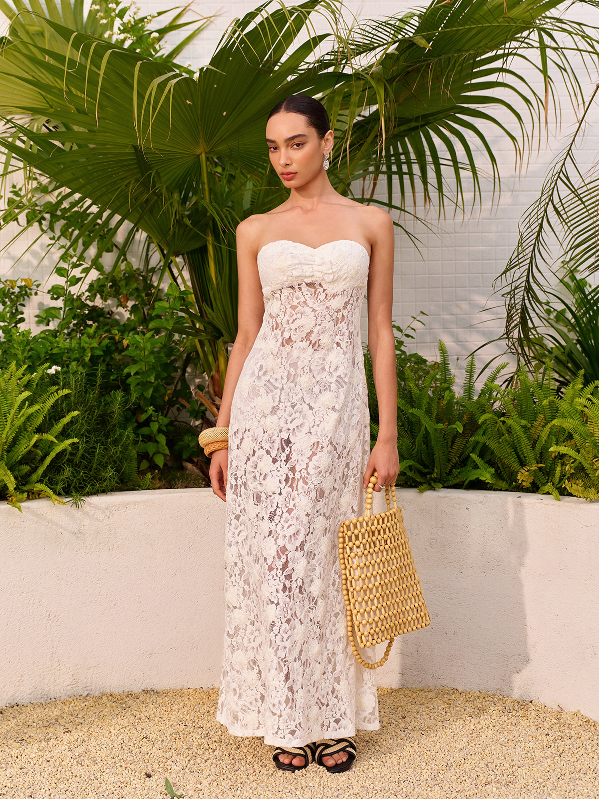 Sheer Jacquard Floral Lace Panel Strapless Dress