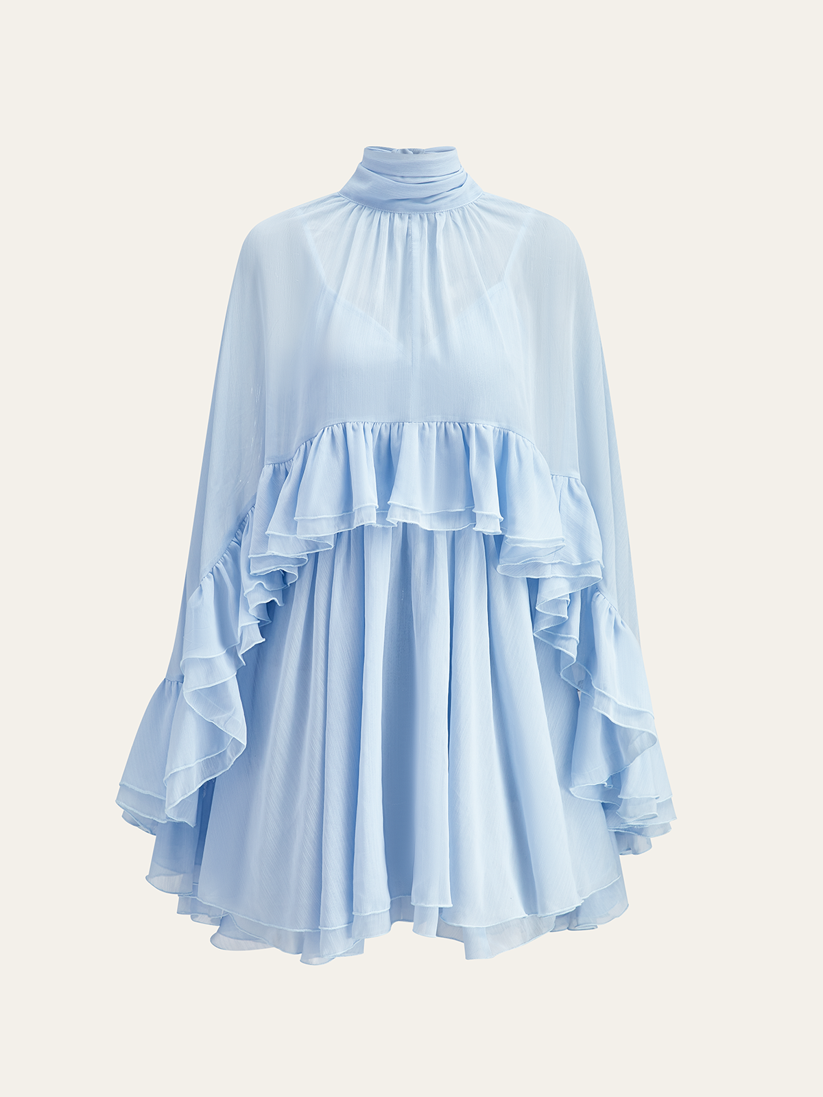 Semi-Sheer Chiffon Ruffle Dress With Outer Cape