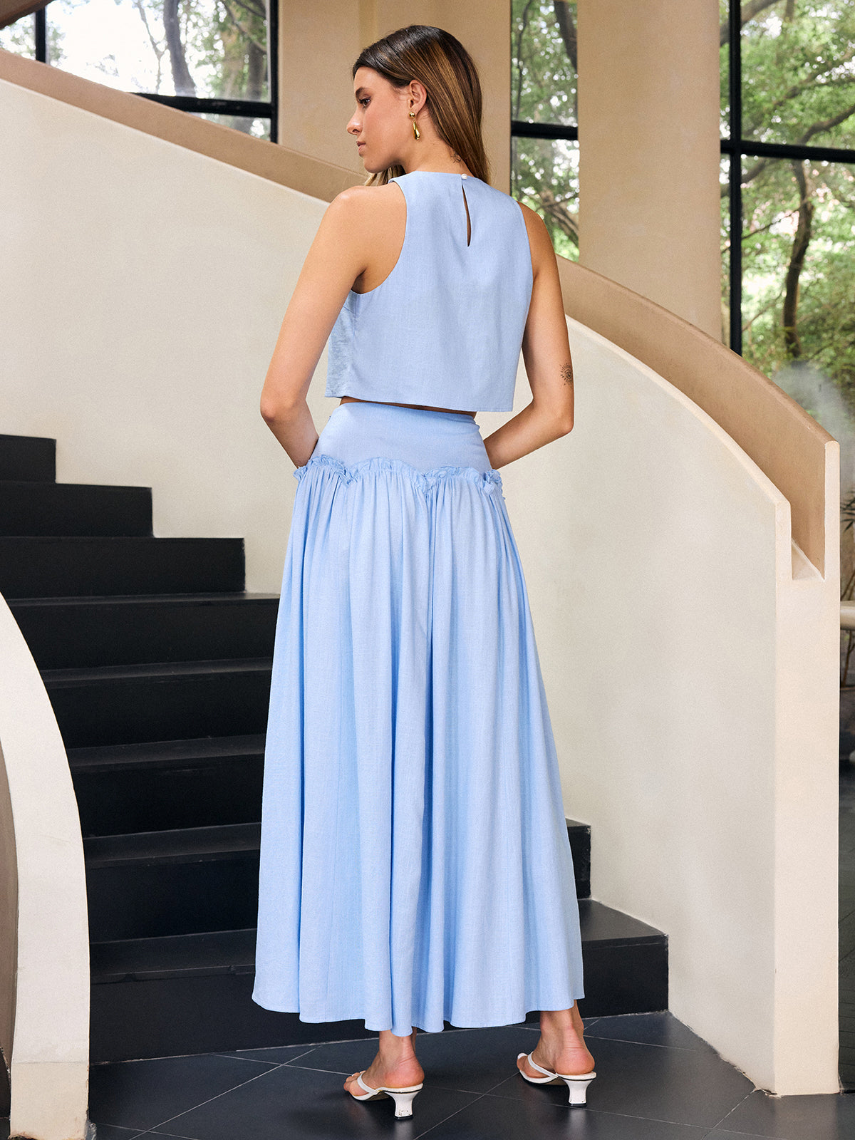 Linen & Cotton Ruffled Maxi Skirt Set