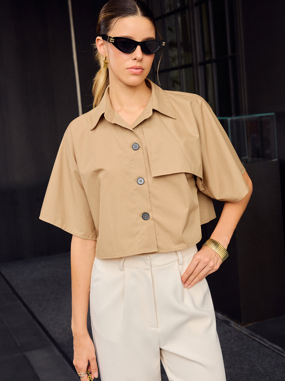 Asymmetric Cropped Shirt with Button Front