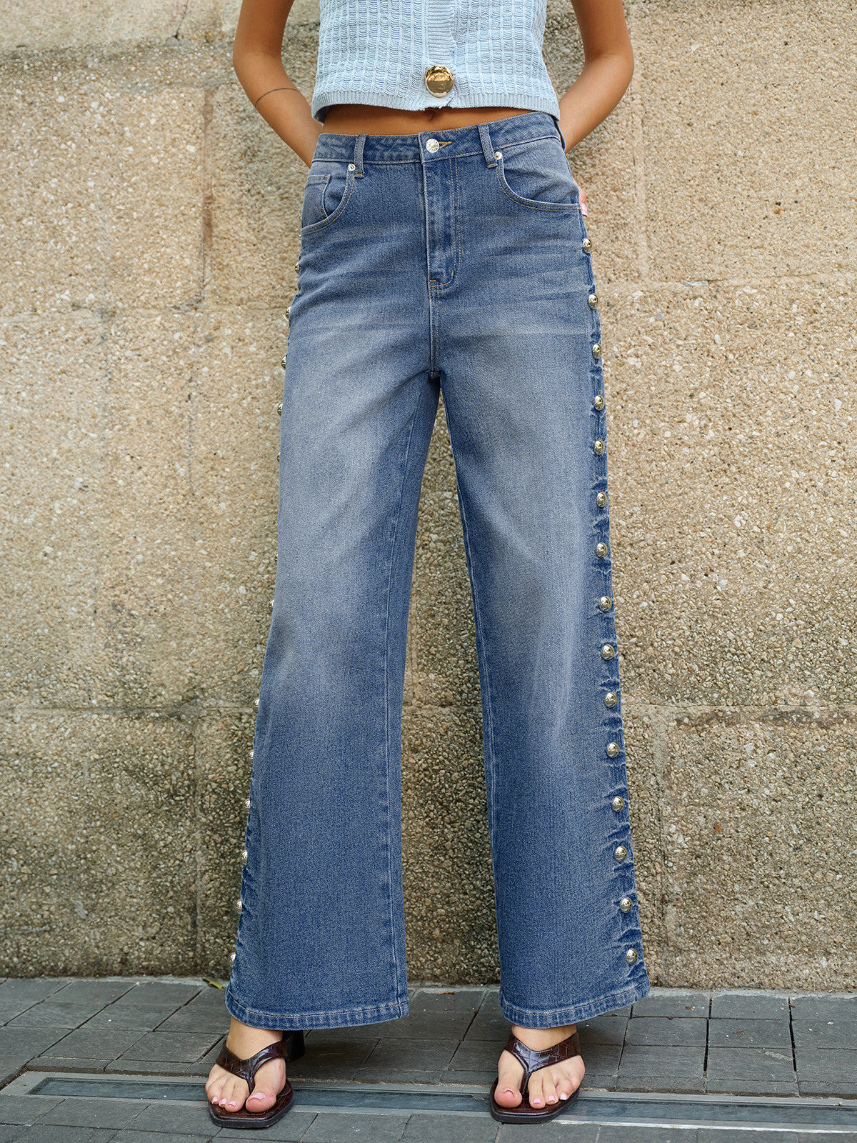 Buttoned Side Detail Pocketed Jeans