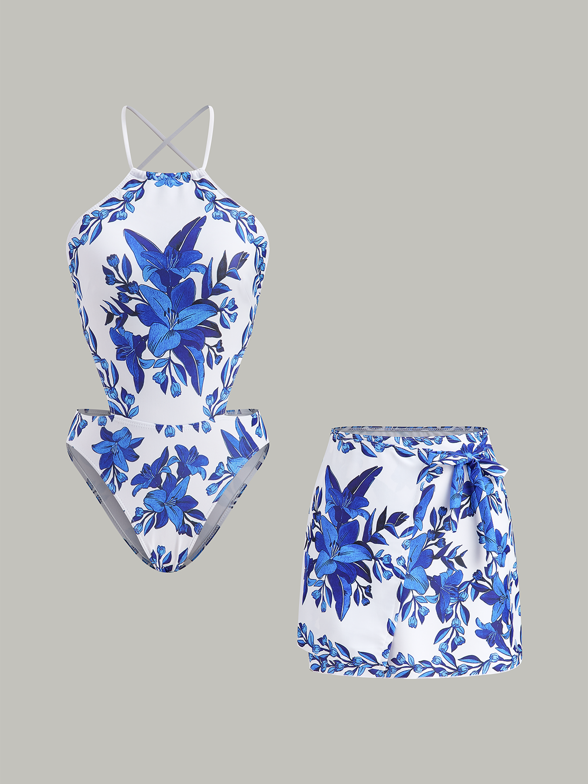 Floral Print Back Tie One-Piece Swimsuit With Cover-Up Skirt