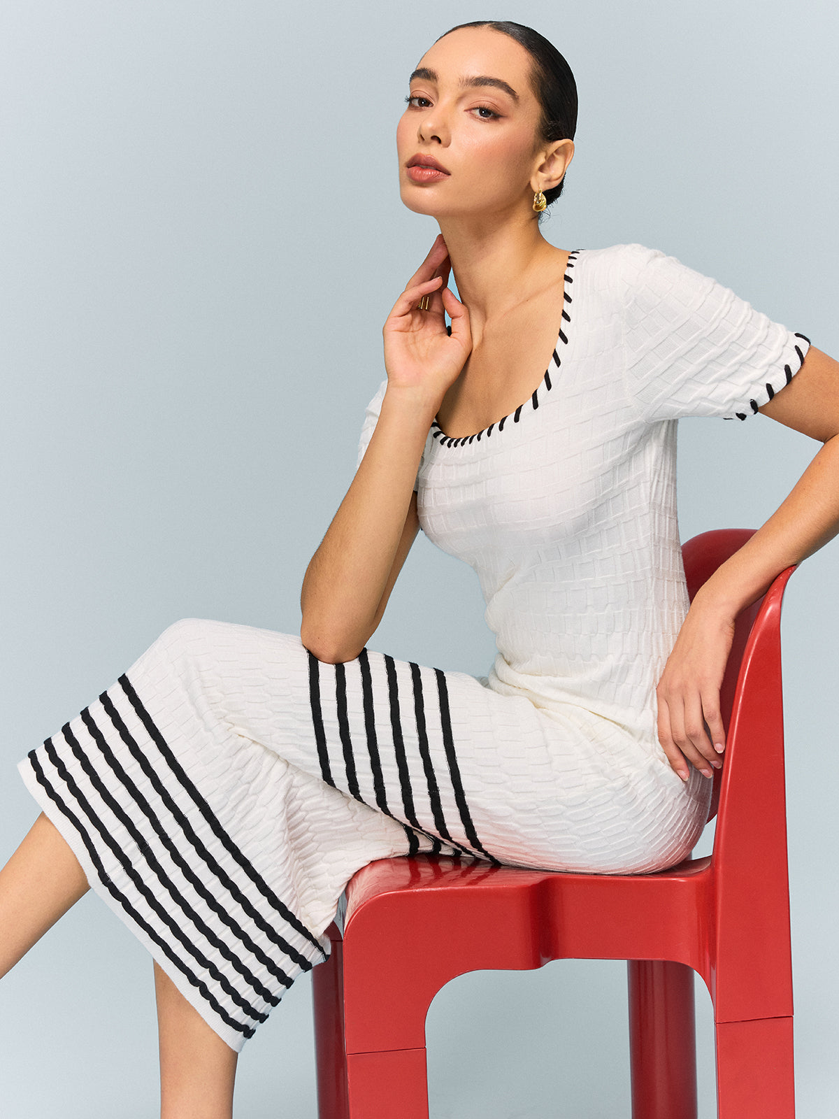 Textured Knit Midi Dress with Striped Hem