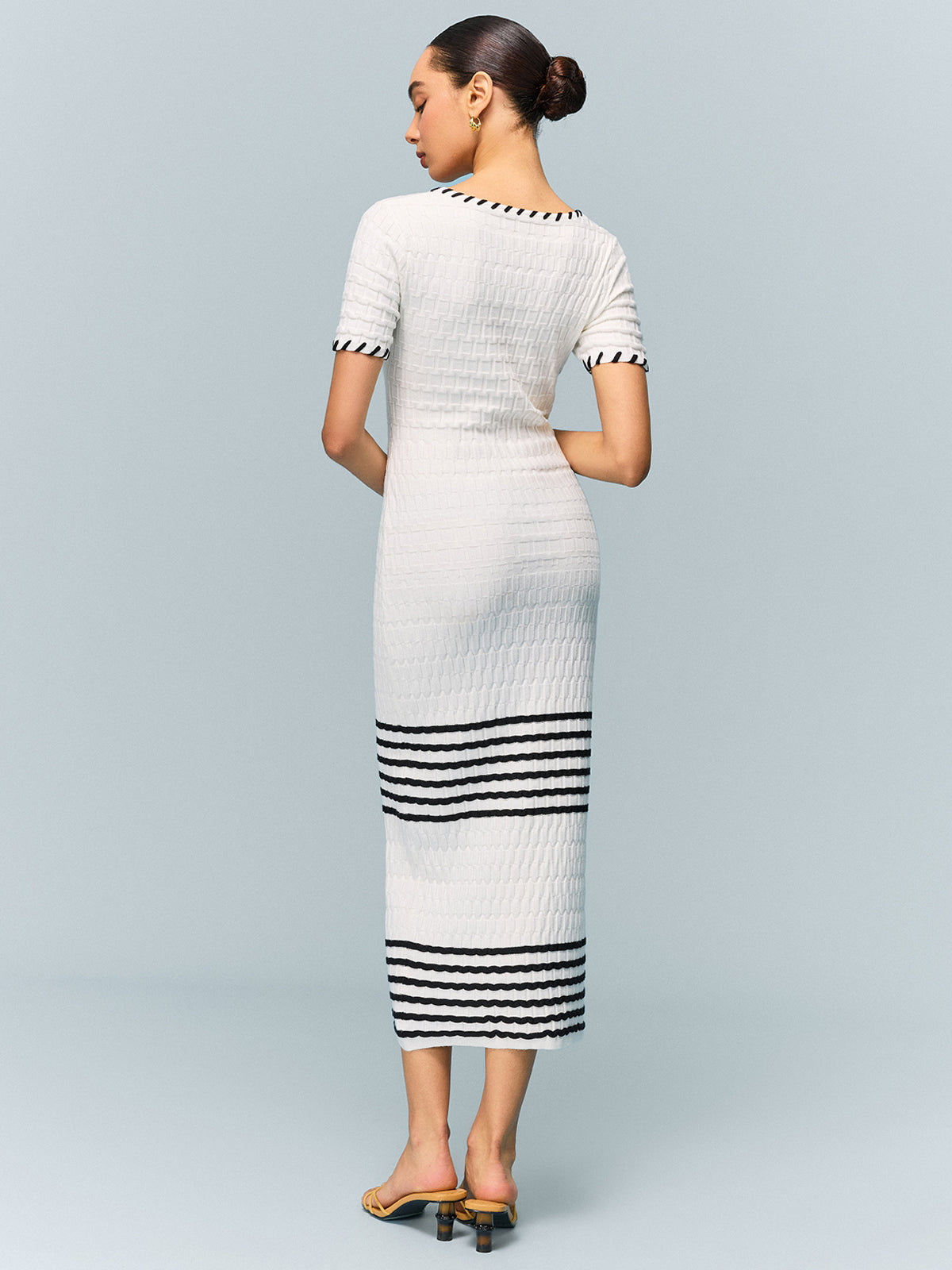 Textured Knit Midi Dress with Striped Hem