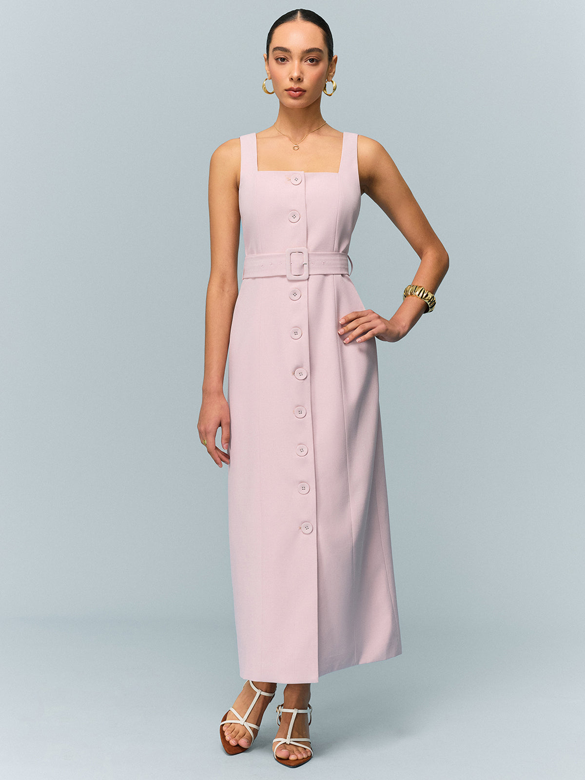 Belted Button-Front Maxi Dress