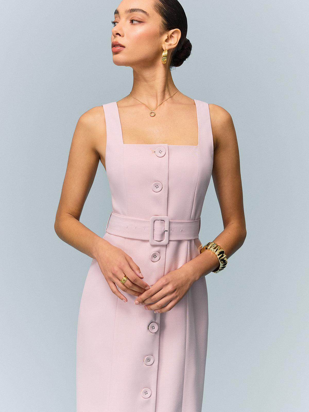 Belted Button-Front Maxi Dress