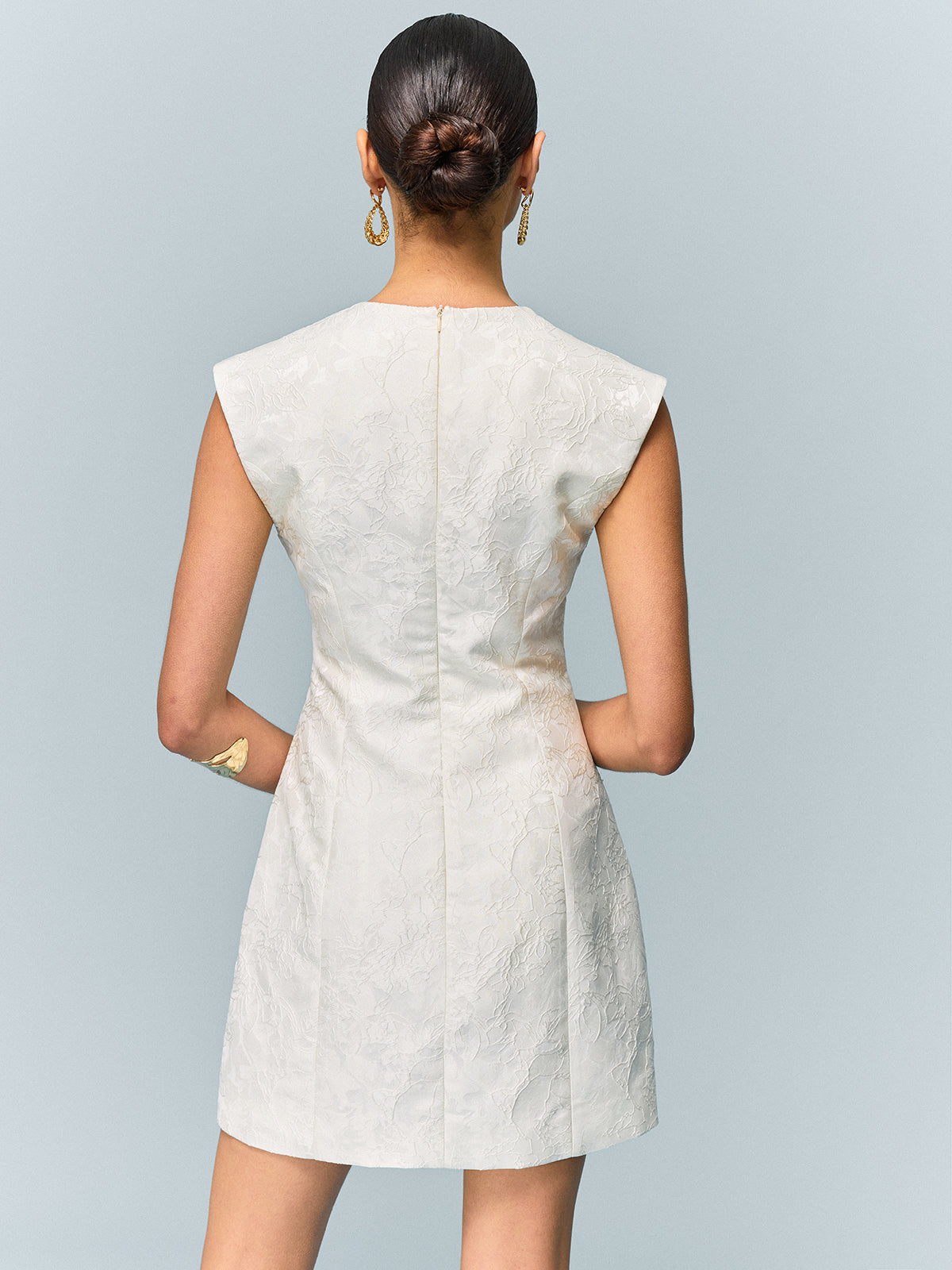 Pocketed Textured Mini Dress with Metal Button