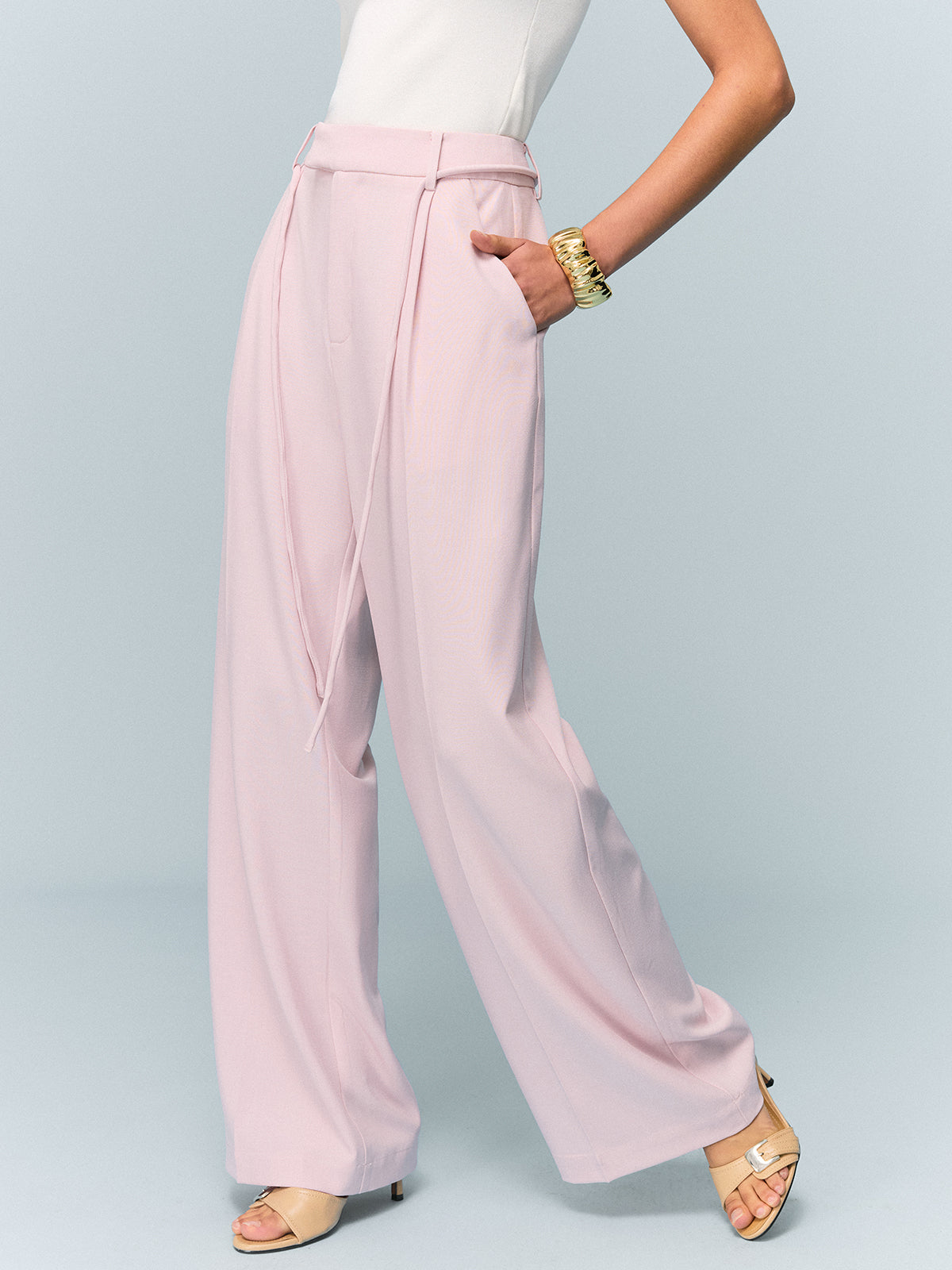 High-Waisted Wide-Leg Pants with Tie Detail