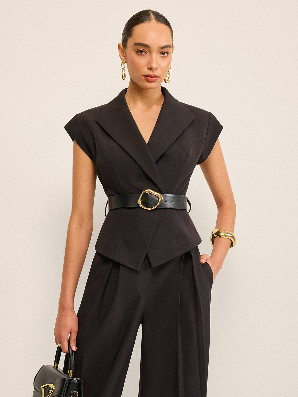 Belted Peplum Vest with Metal Buckle Detail