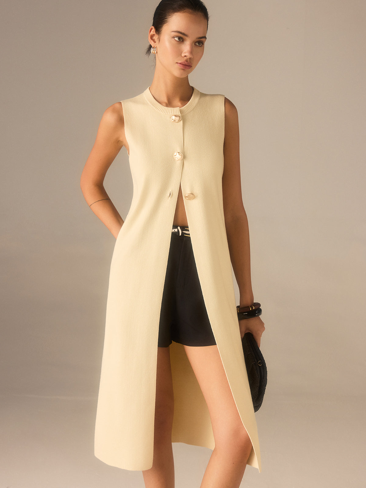 Sleeveless Knit Midi Top with Metal Button Front