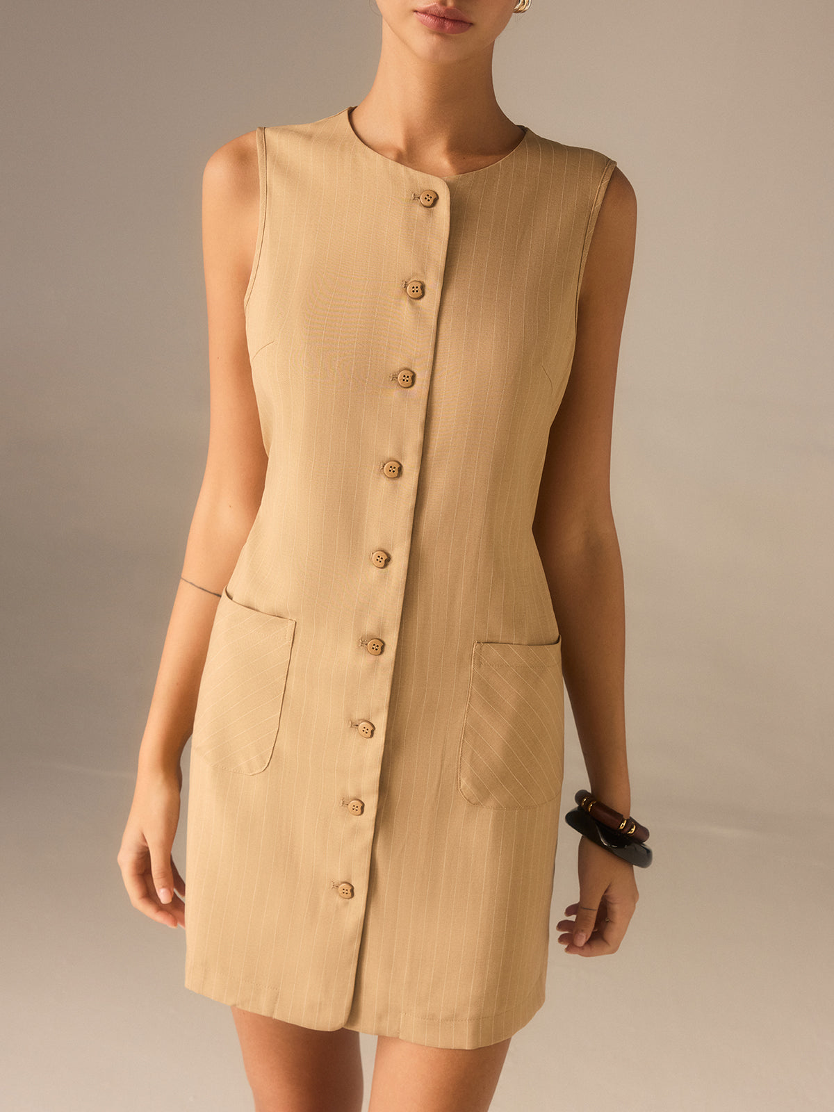 Cotton Blend Buttoned Dress with Pockets and Ties