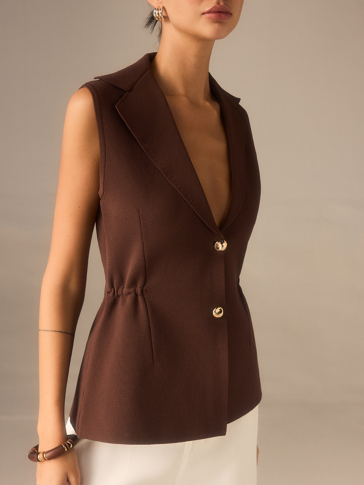 Metal Button Knitted Sleeveless Blazer