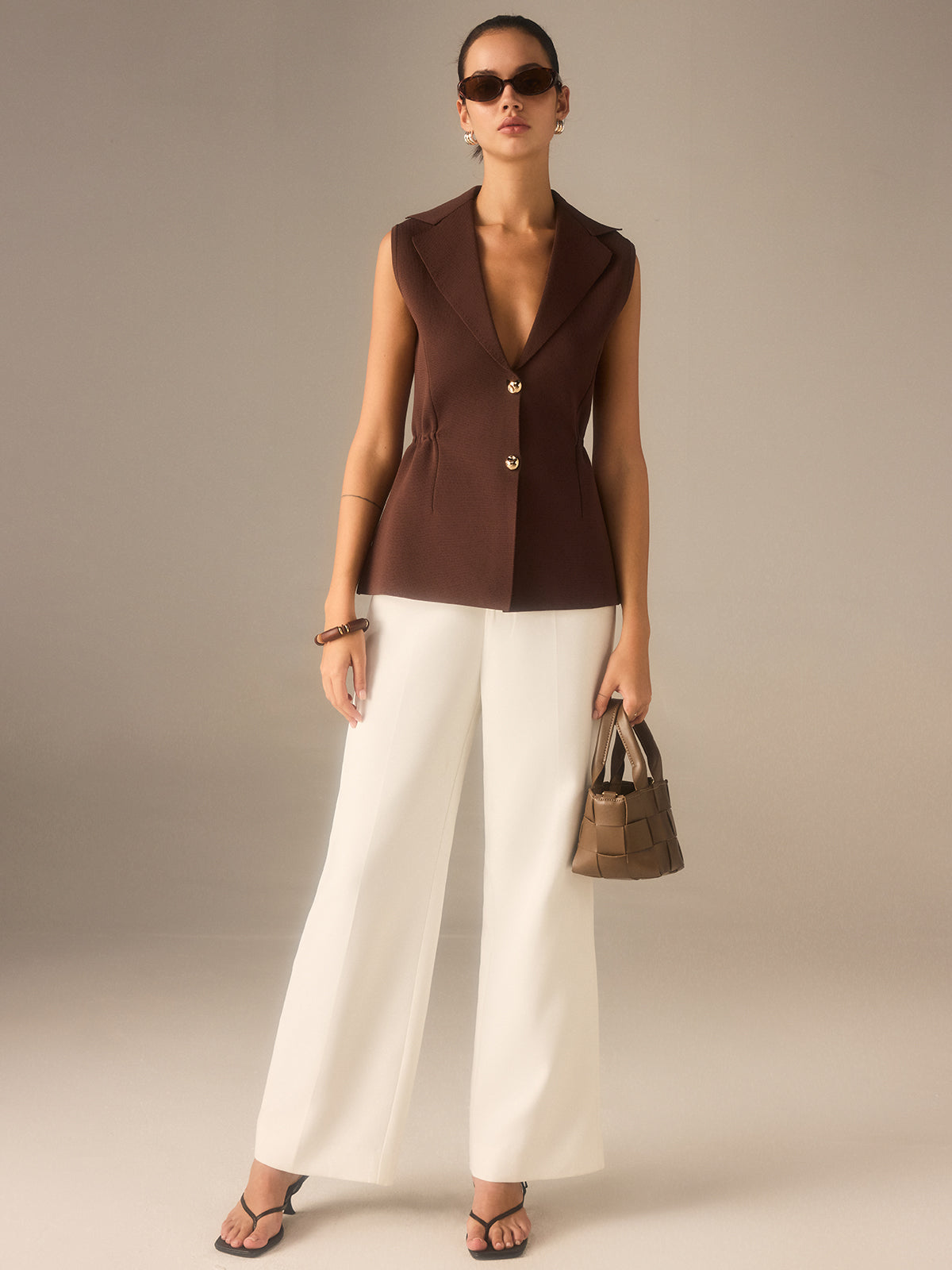 Metal Button Knitted Sleeveless Blazer