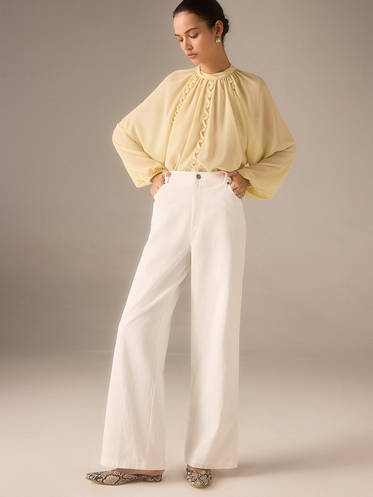 Cotton Twill Wide-Leg Pants with Metal Rivet Button