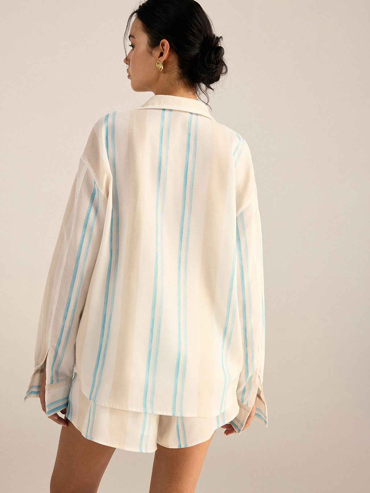 Color-Block Striped Oversized Shirt and Shorts Set