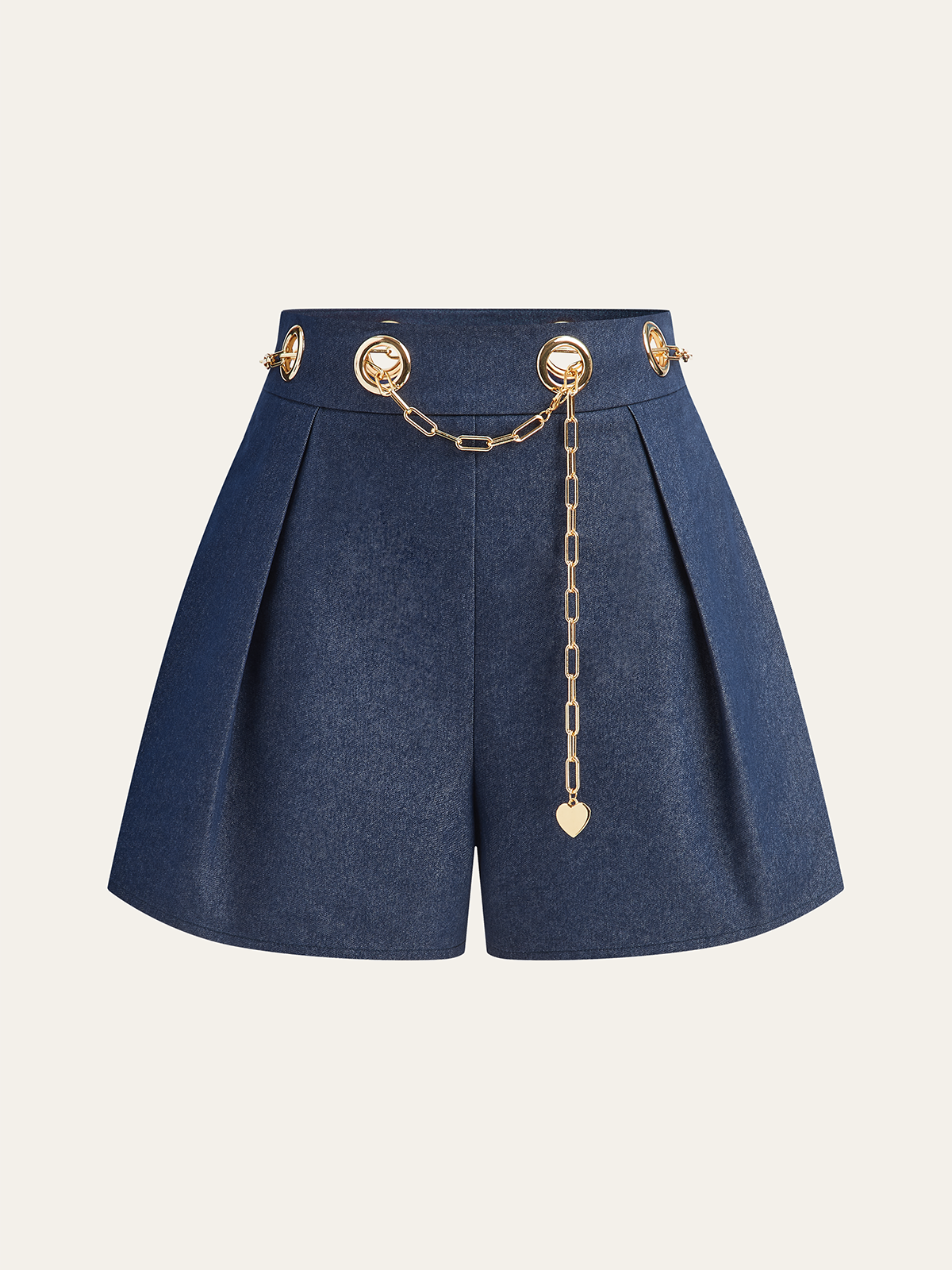Faux Denim Shorts with Metal Chain Belt