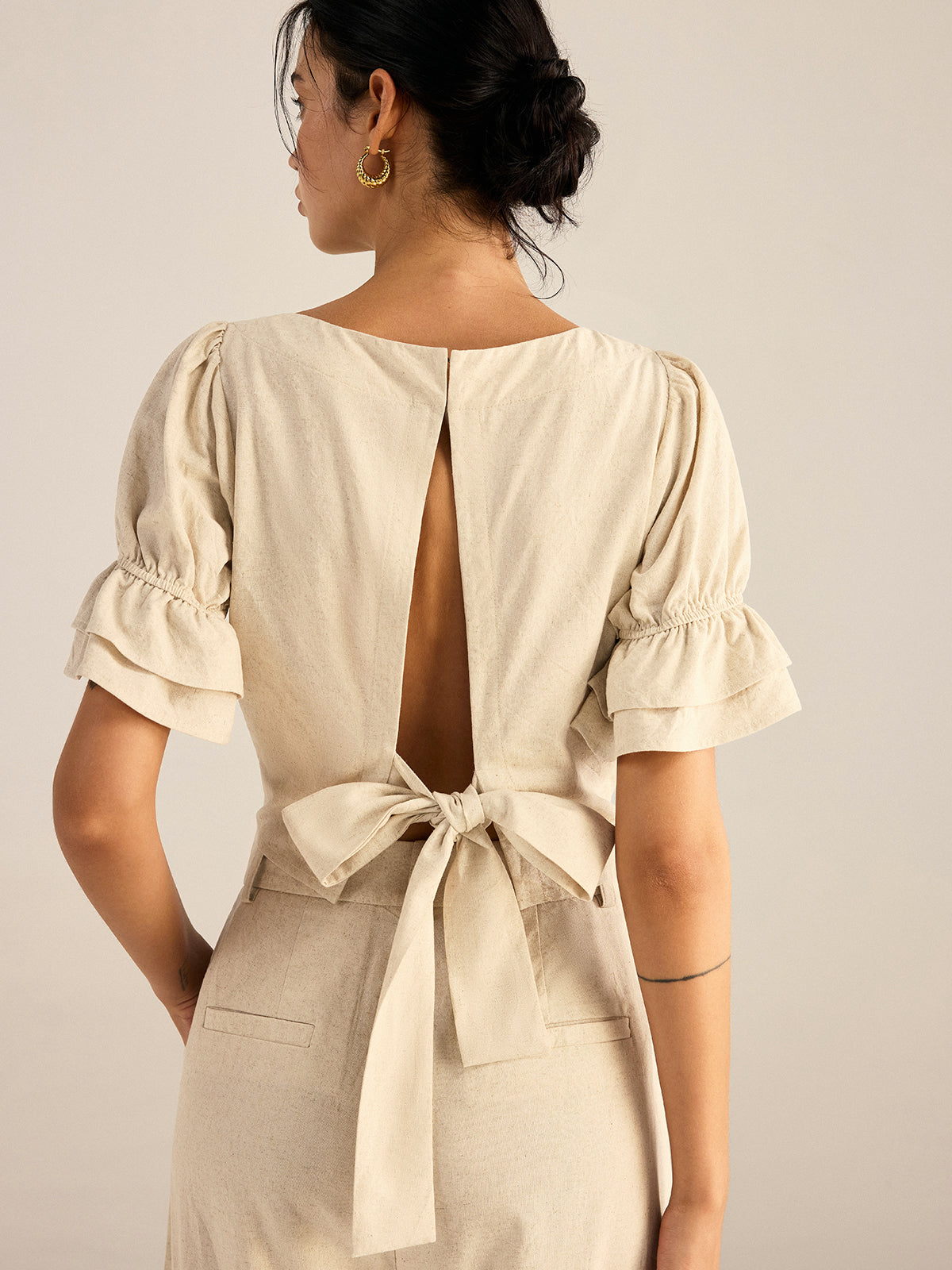 Cotton & Linen Puff-Sleeves Bow-Back Top and Pants Set