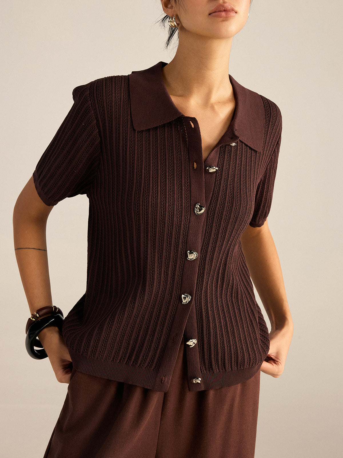 Ribbed Knit Polo-Collar Cardigan