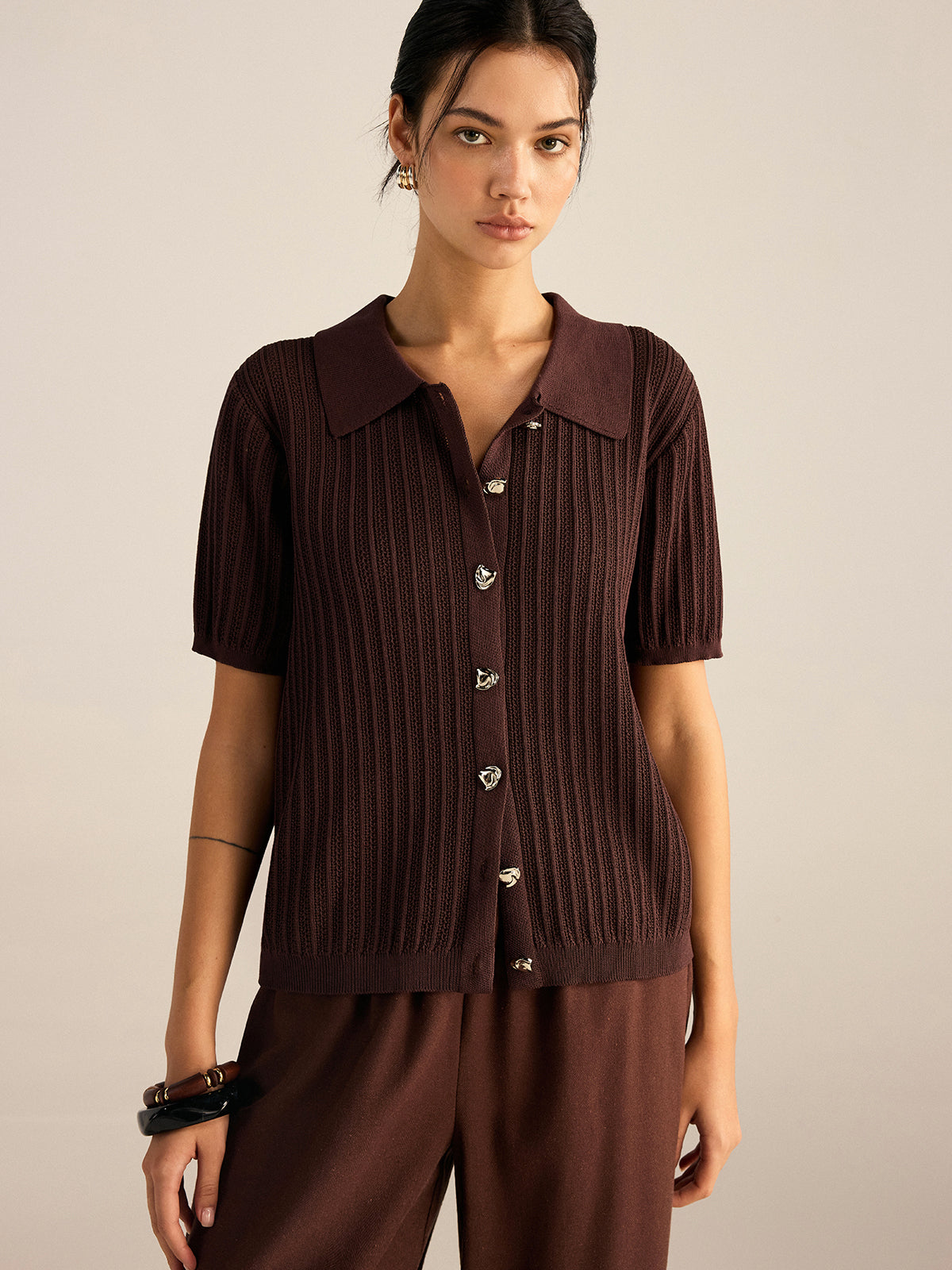 Ribbed Knit Polo-Collar Cardigan