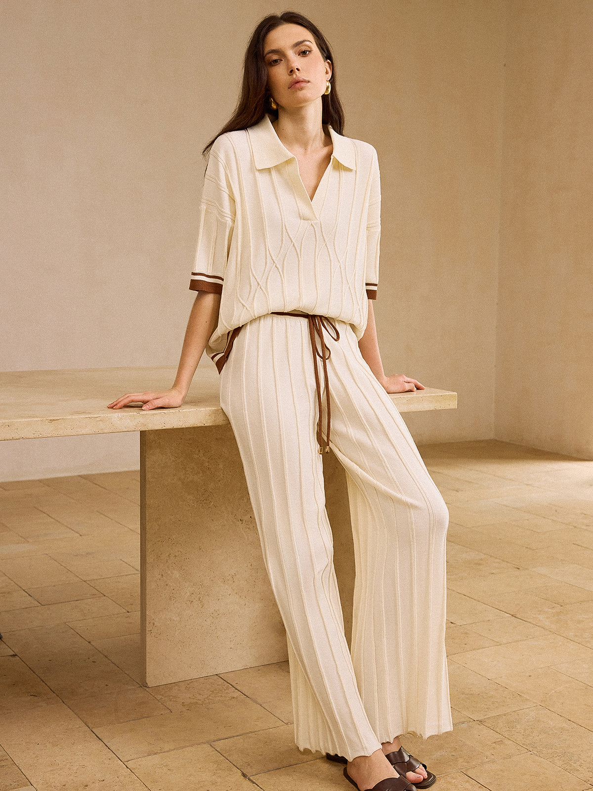 Contrast-Trimmed Polo Neck Top and Drawstring Straight-Leg Pants Set