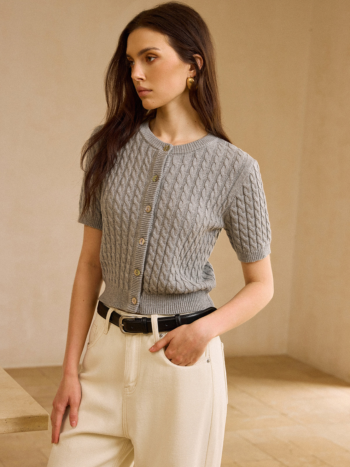 Cable Knit Short-Sleeve Cardigan