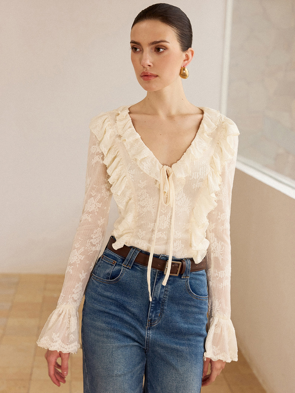 Lace Ruffle Trim V-Neck Blouse