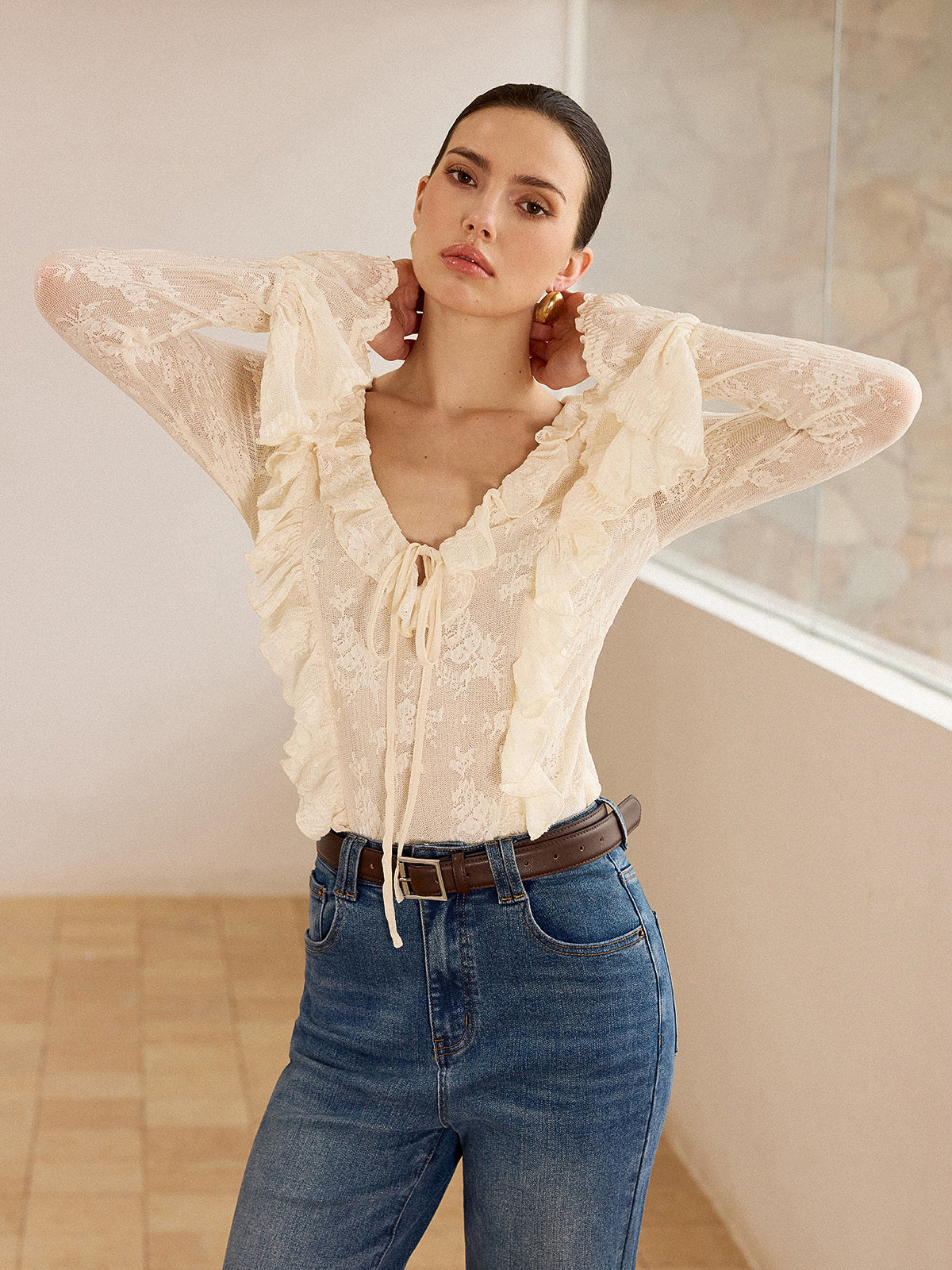 Lace Ruffle Trim V-Neck Blouse