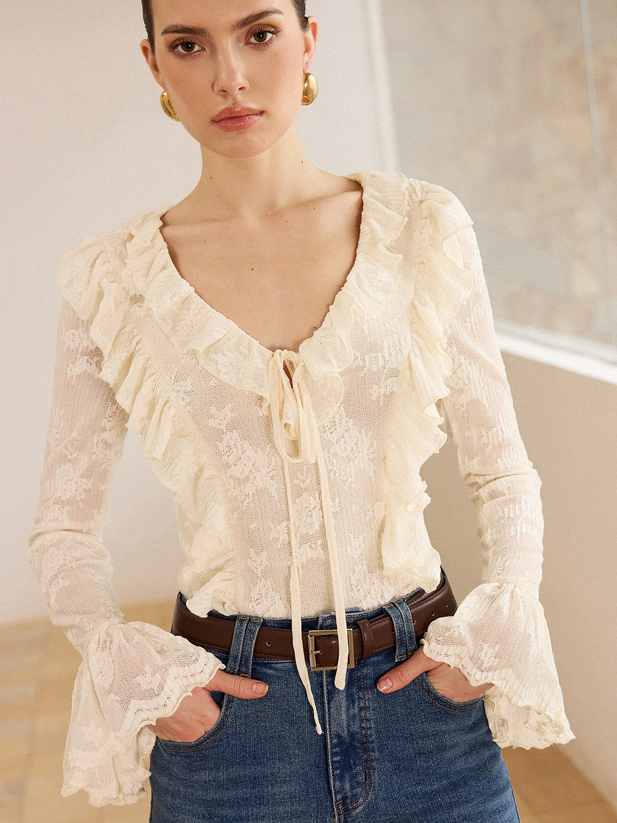 Lace Ruffle Trim V-Neck Blouse