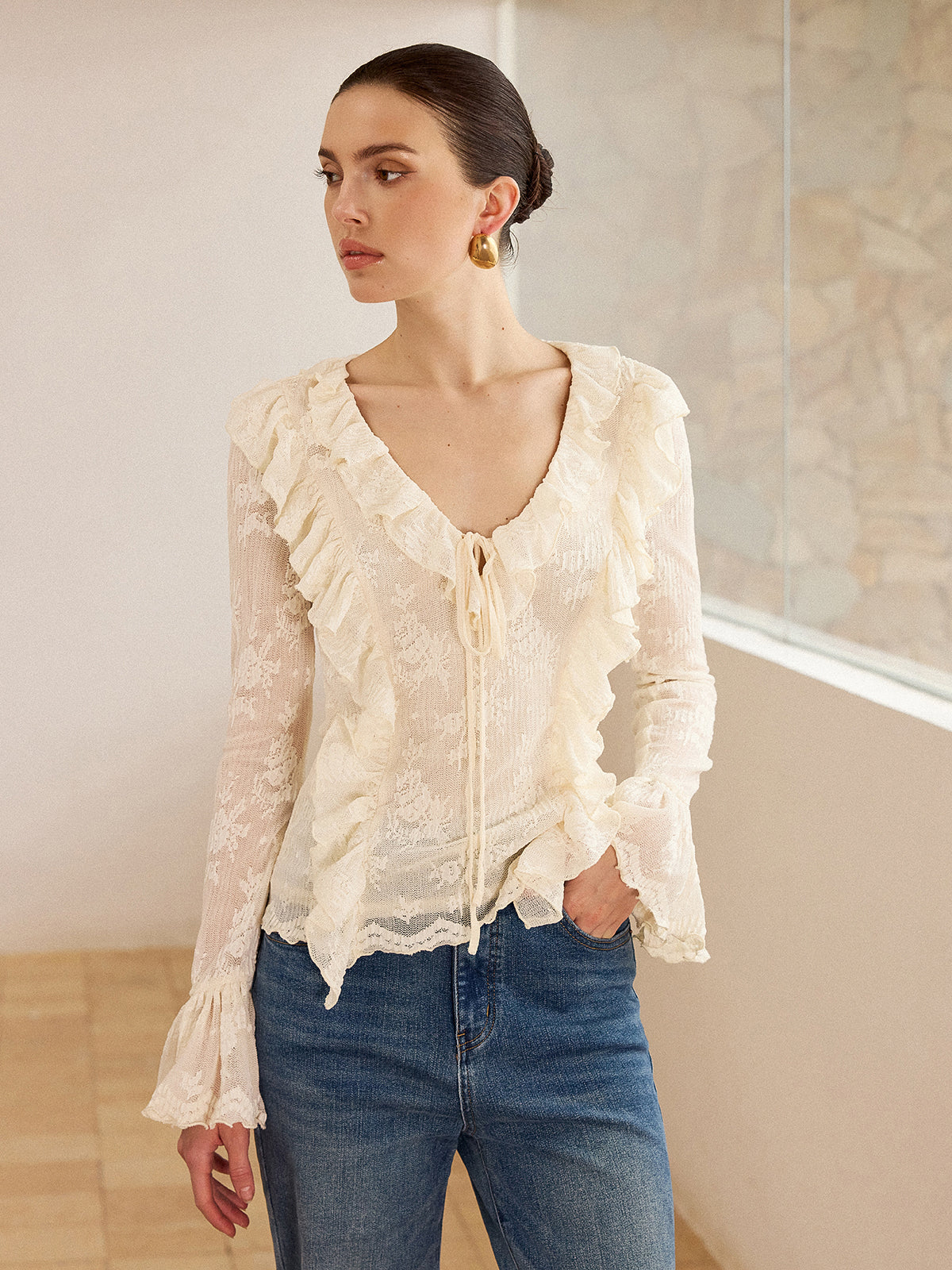Lace Ruffle Trim V-Neck Blouse