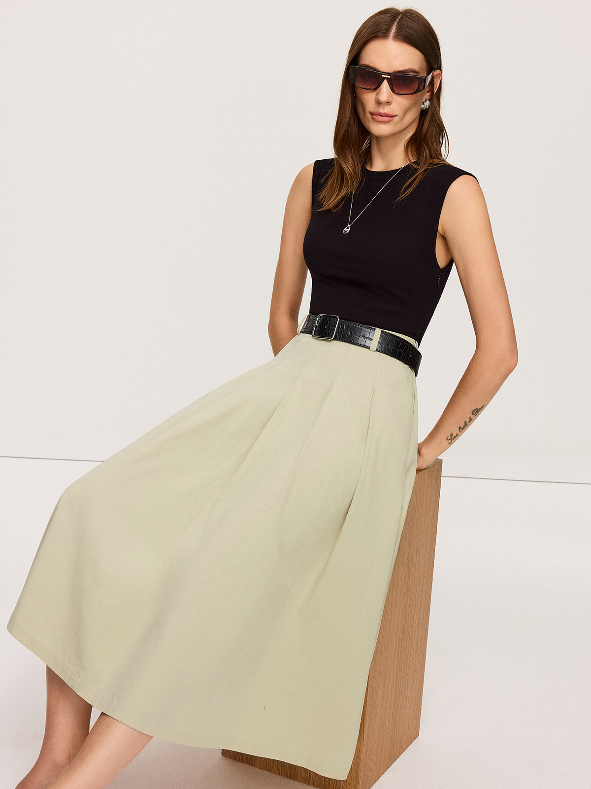 Belted Pleated Two-Tone Midi Dresses