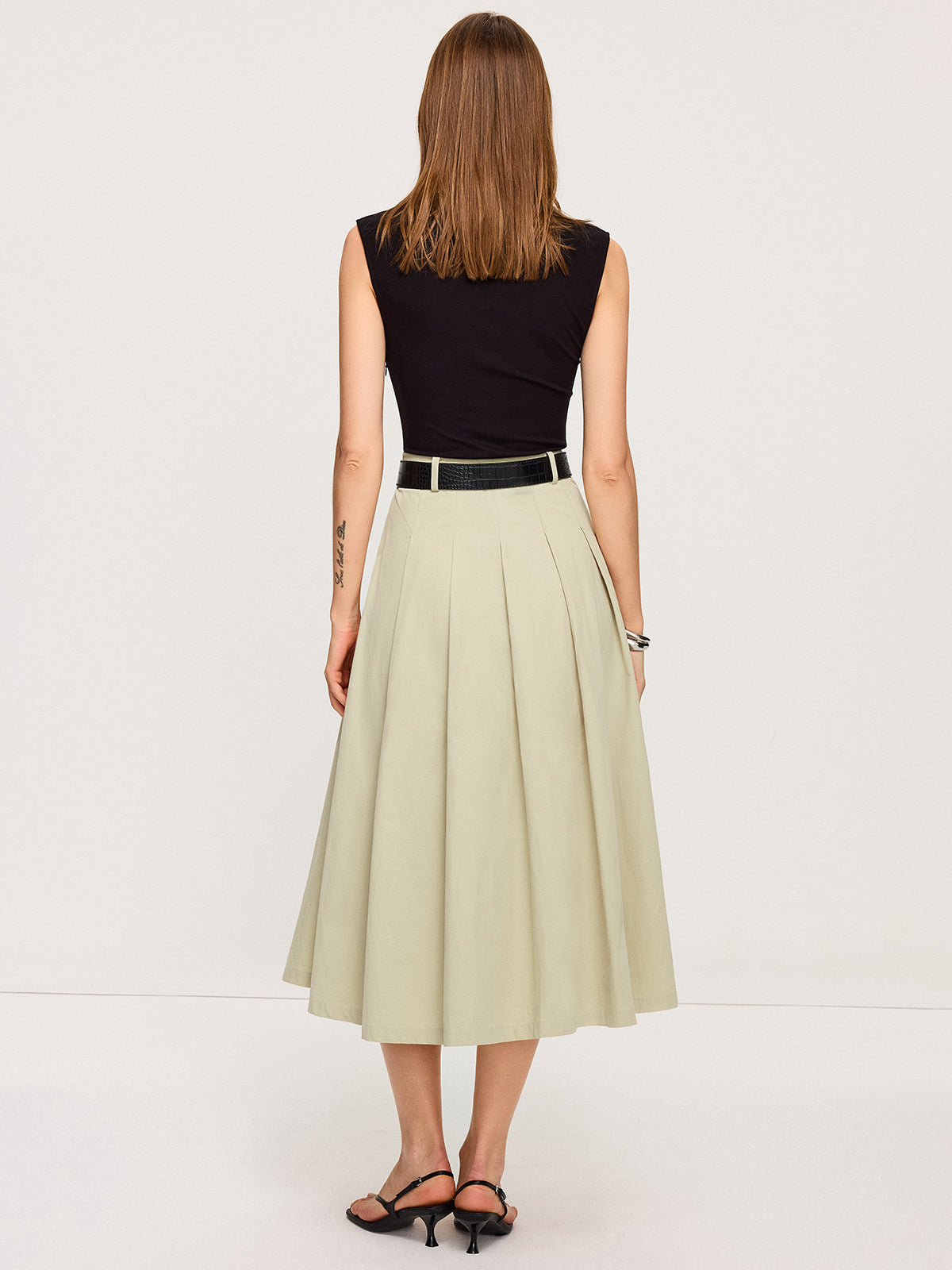 Belted Pleated Two-Tone Midi Dresses