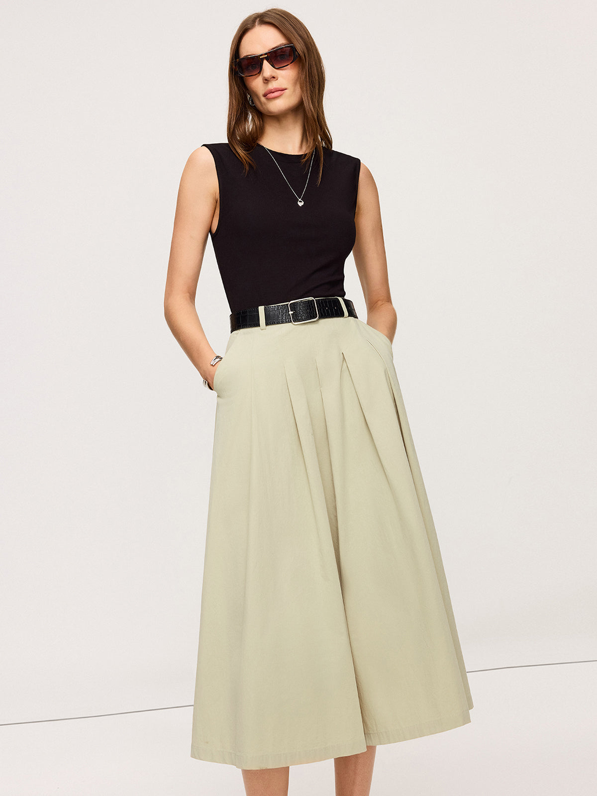 Belted Pleated Two-Tone Midi Dresses