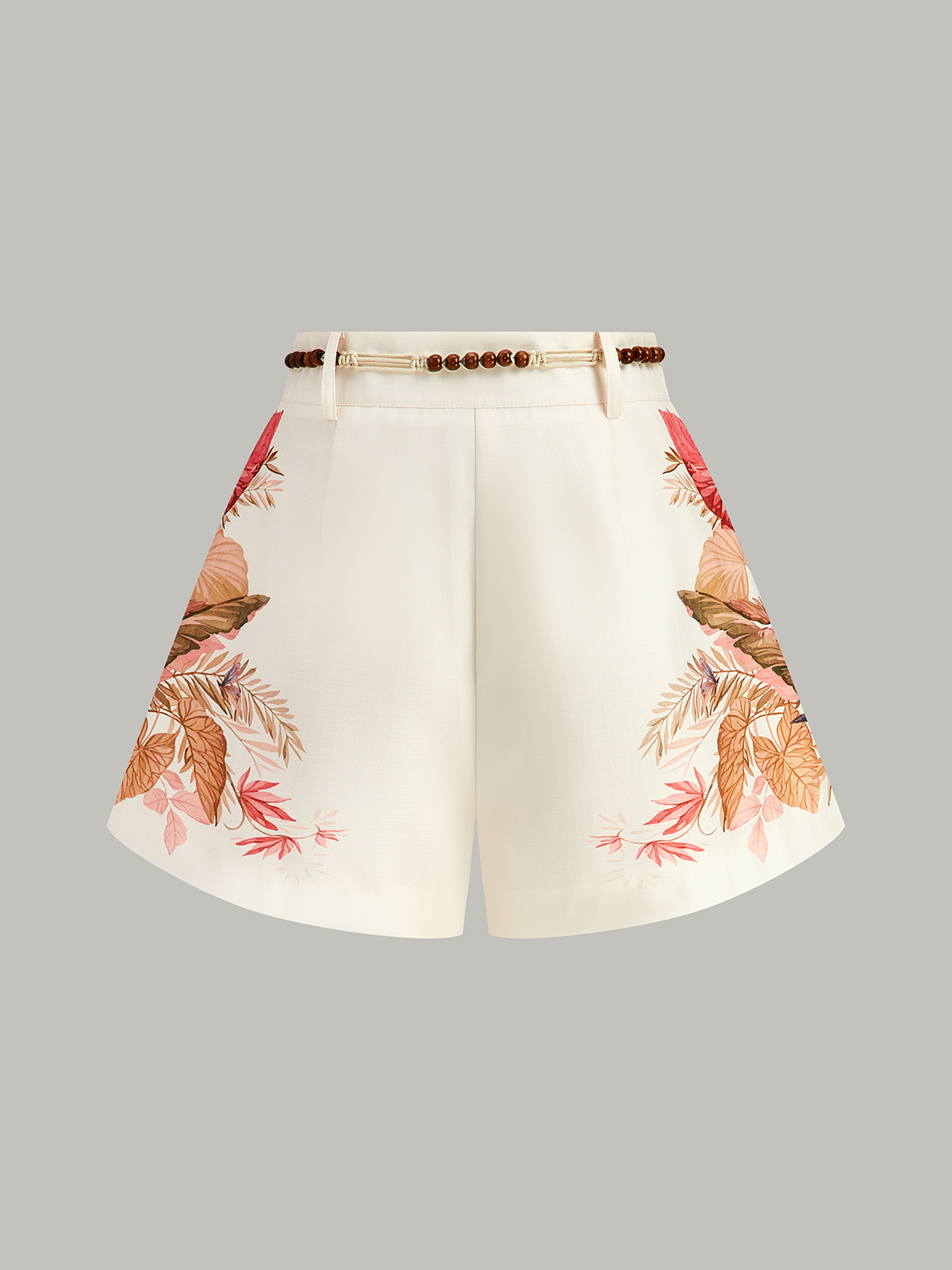 Belted Tropical Print High-Waist Shorts