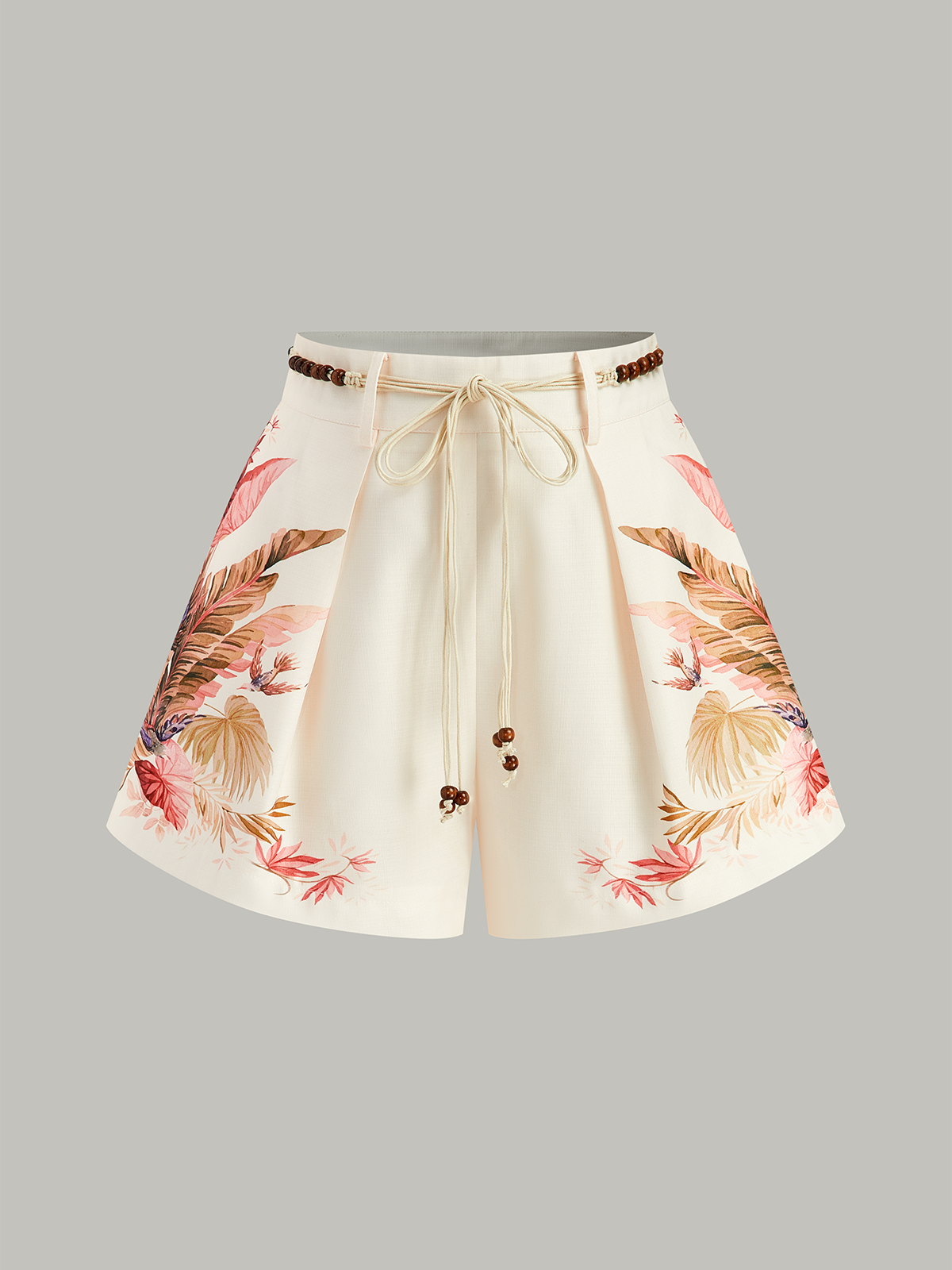 Belted Tropical Print High-Waist Shorts