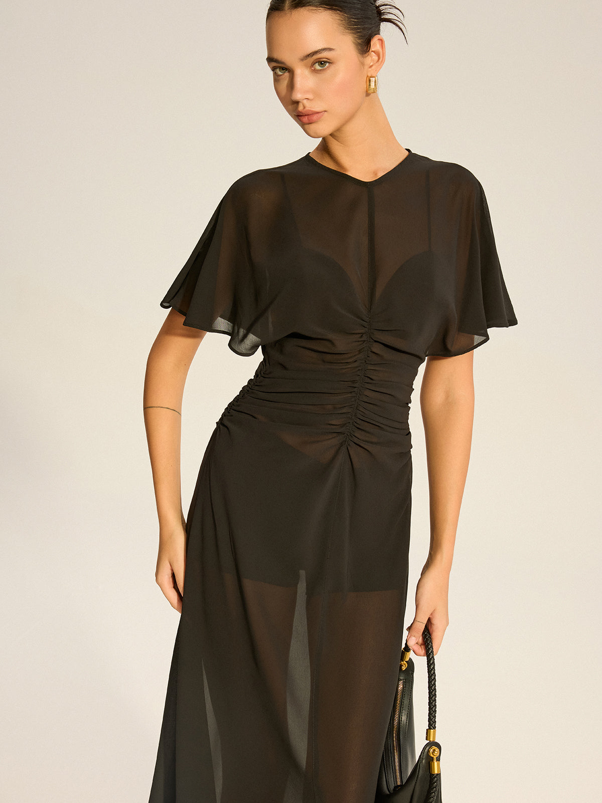 Sheer Chiffon Midi Dress with Lining Slip Two-Piece Set