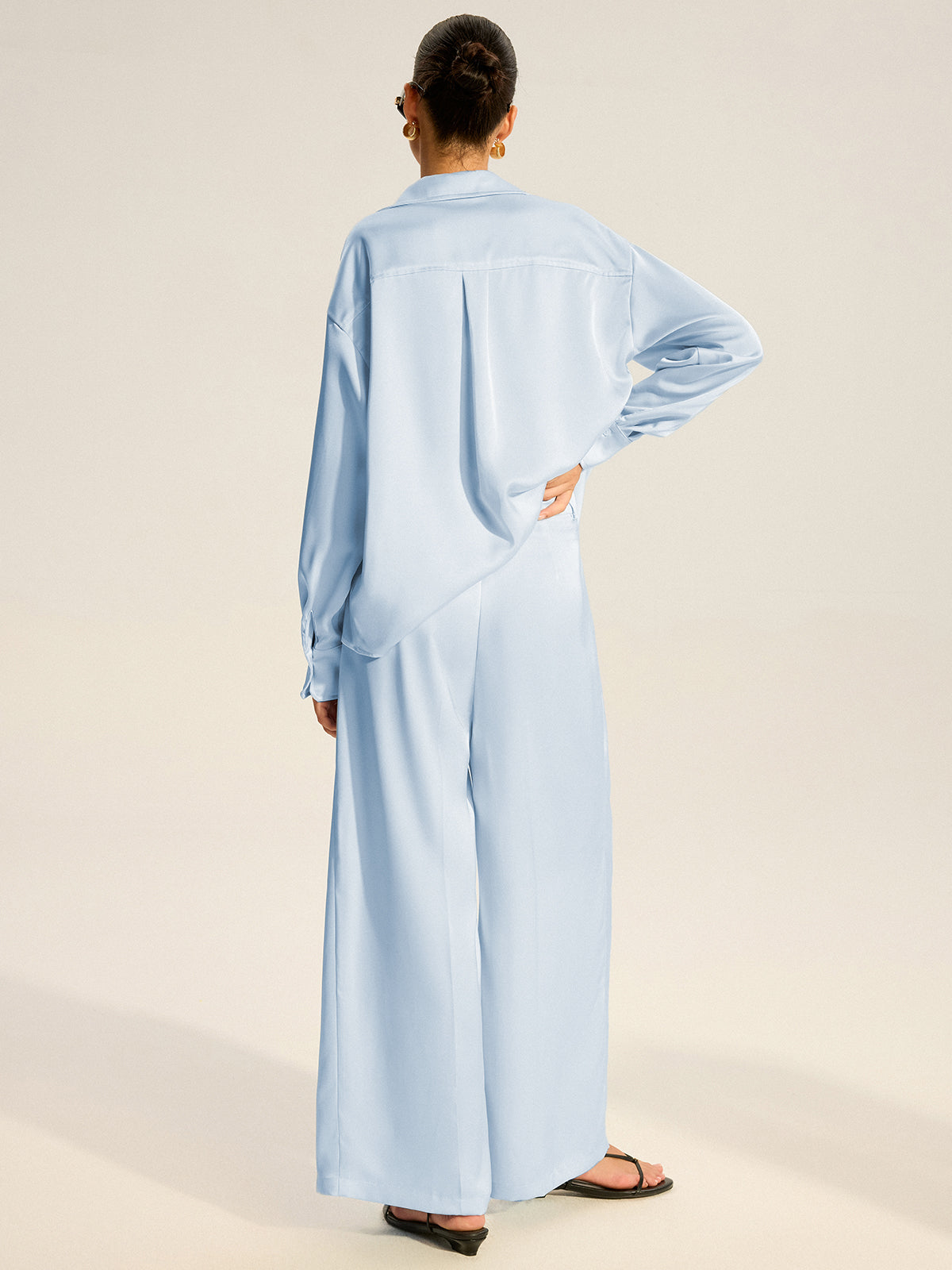 Oversized Pocket Satin Shirt and Pleated Pants Set