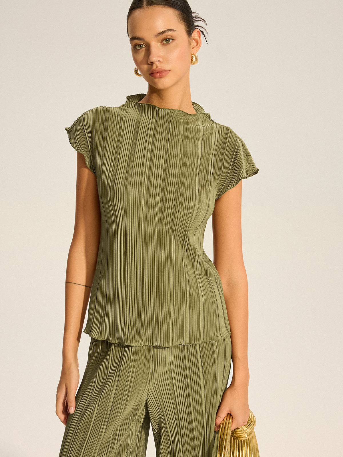 Pleated Top and Wide-Leg Pants Set