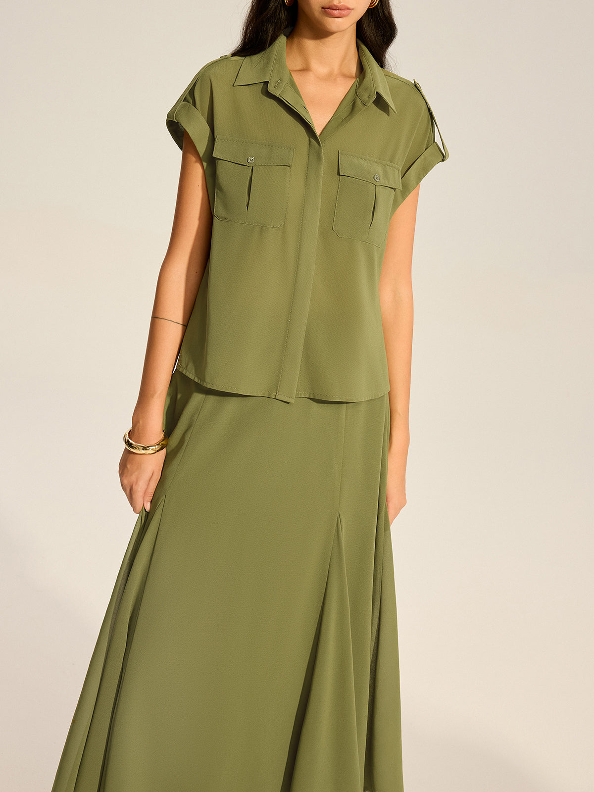 Rolled-Sleeve Pocketed Chiffon Shirt and Midi Skirt Set