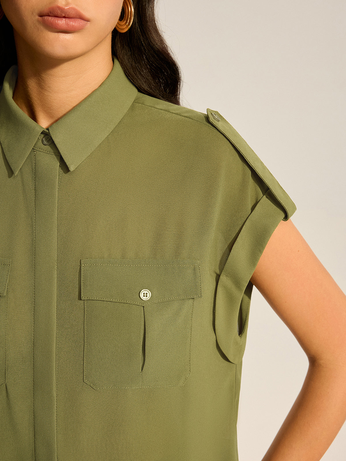 Rolled-Sleeve Pocketed Chiffon Shirt and Midi Skirt Set